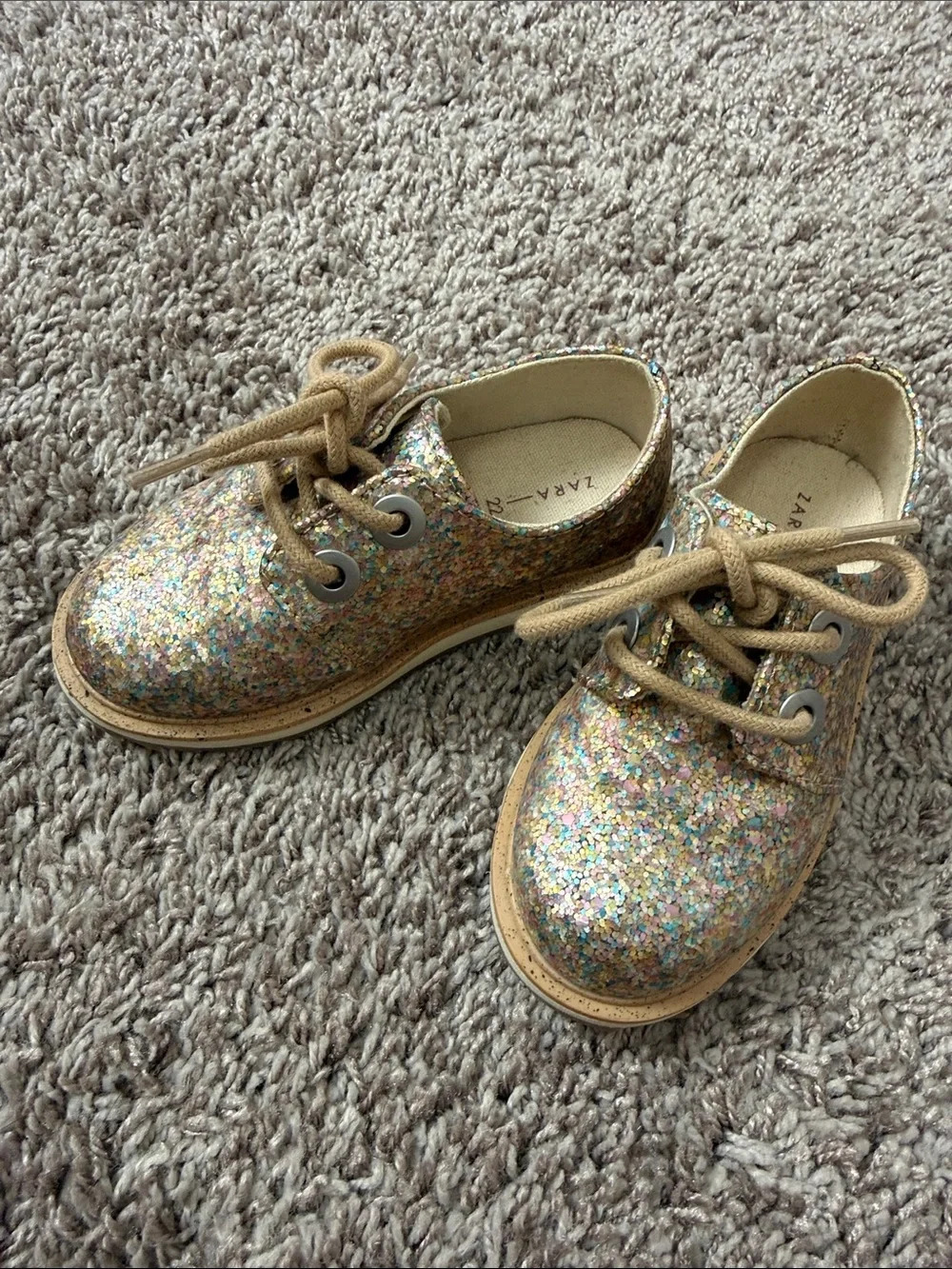 Zara Kids Multicolor Glitter Lace-Up Dress Shoes with Gold Accents
